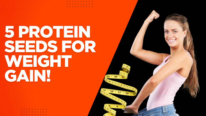 Assorted high-protein seeds for healthy weight gain: pumpkin, sunflower, chia, flax, hemp in bowls
